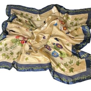 Christian Dior 100% Silk Scarf Butterfly Floral Print Blue Border